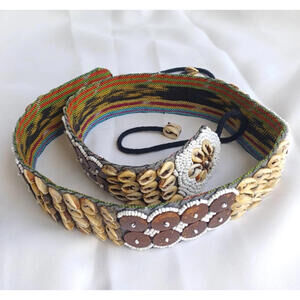 Vtg Boho Beaded Seashell Tie Belt 34in Wooden Buttons Resortwear Festival Hippie